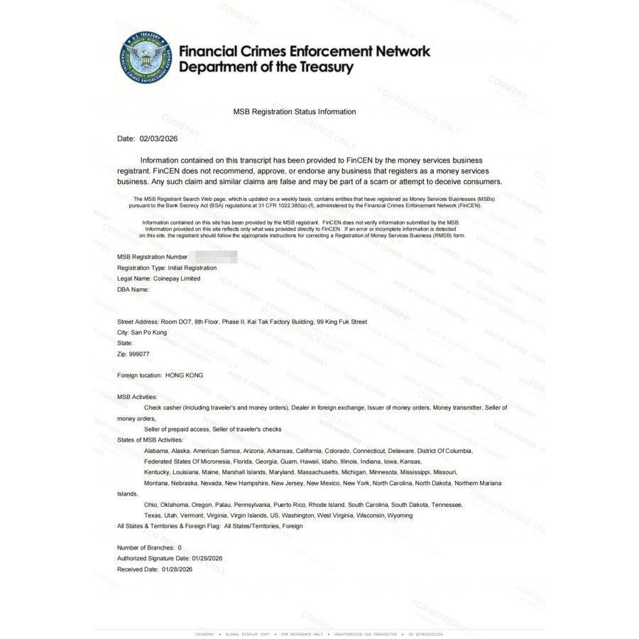 FinCEN MSB Registration - Coinepay Limited (Hong Kong)